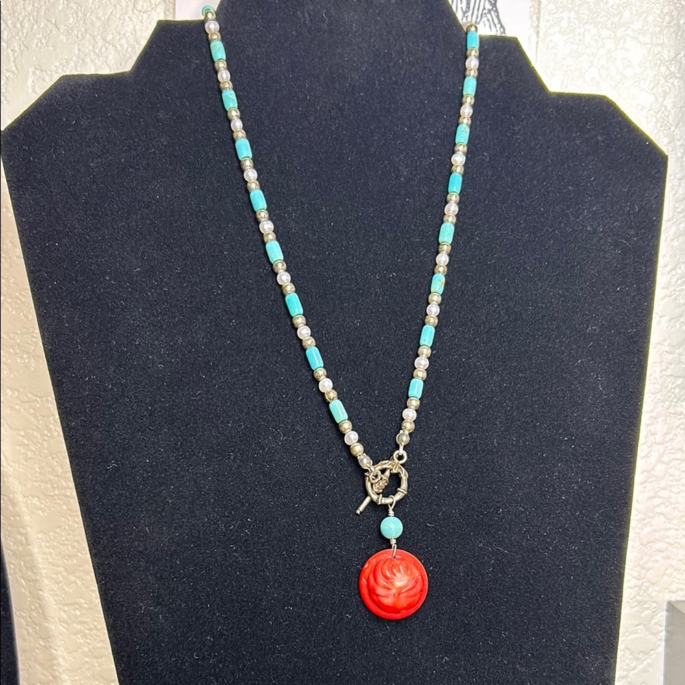 American Turquoise/fresh water pearls/red carnelian